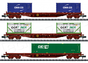 Trix 15072 SNCF set tre carri pianali tipo Rs caricati con container, ep.VI - Minitrix Scala N